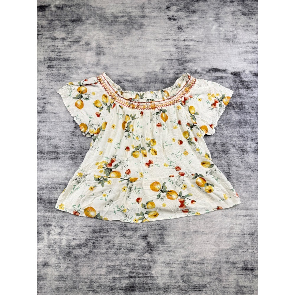 Maurices Women Large Lemon Floral Print Smocked Peplum Top White Short Sleeve
